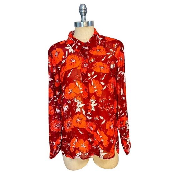 CABI Hothouse Semi Sheer Blouse Red Orange Floral #3766 Medium - Picture 2 of 6